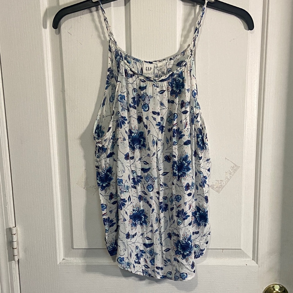 GAP White Tank with Blue Floral Print Spaghetti Straps